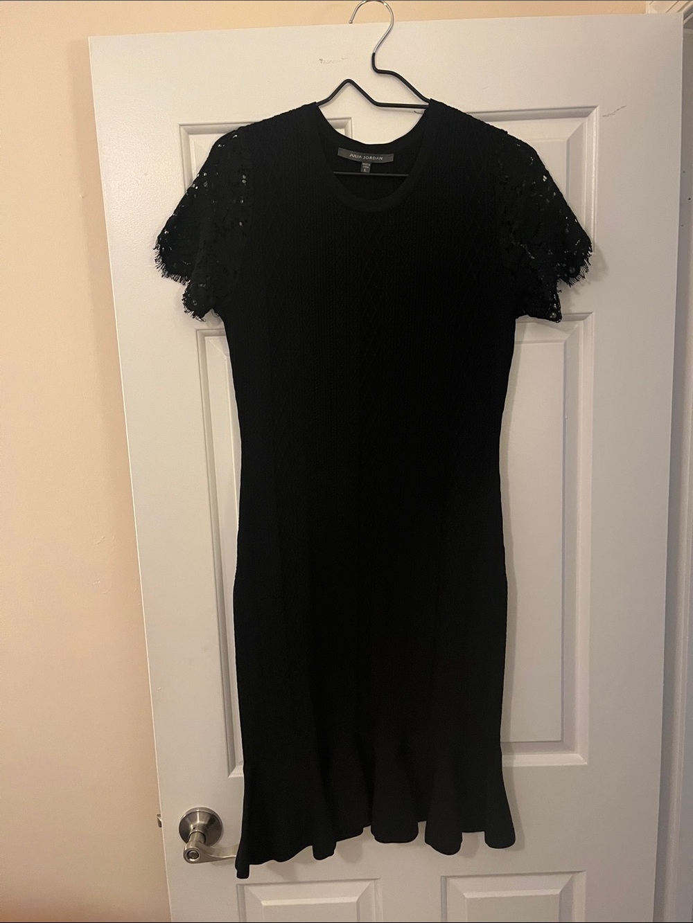 julia jordan Black Lace Sleeve Knit Dress with Fluted Hem